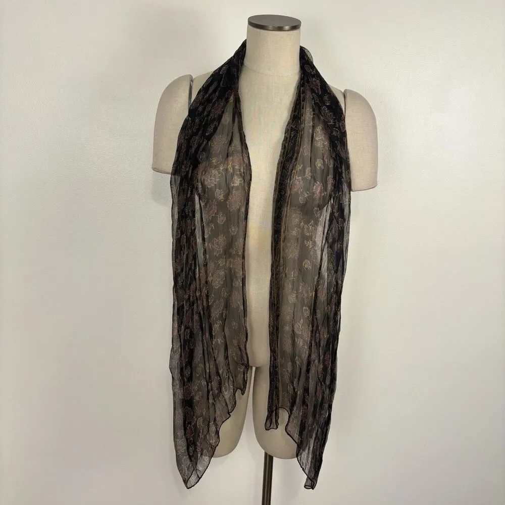 Sheer Scarf Black Floral Print Lightweight Long Rectangular Wrap Fairygrunge Y2K